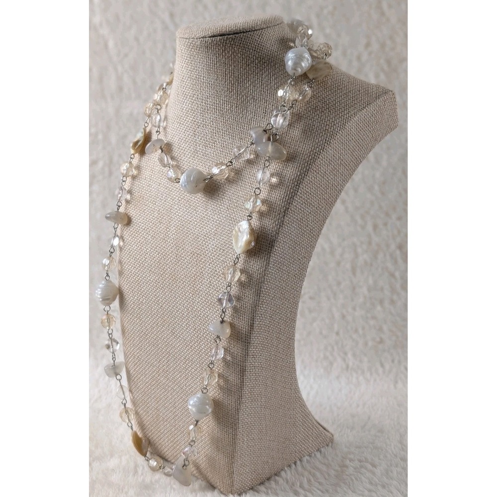 Long Baroque Pearl & Crystal Necklace Silver Tone Shell Beads Layered